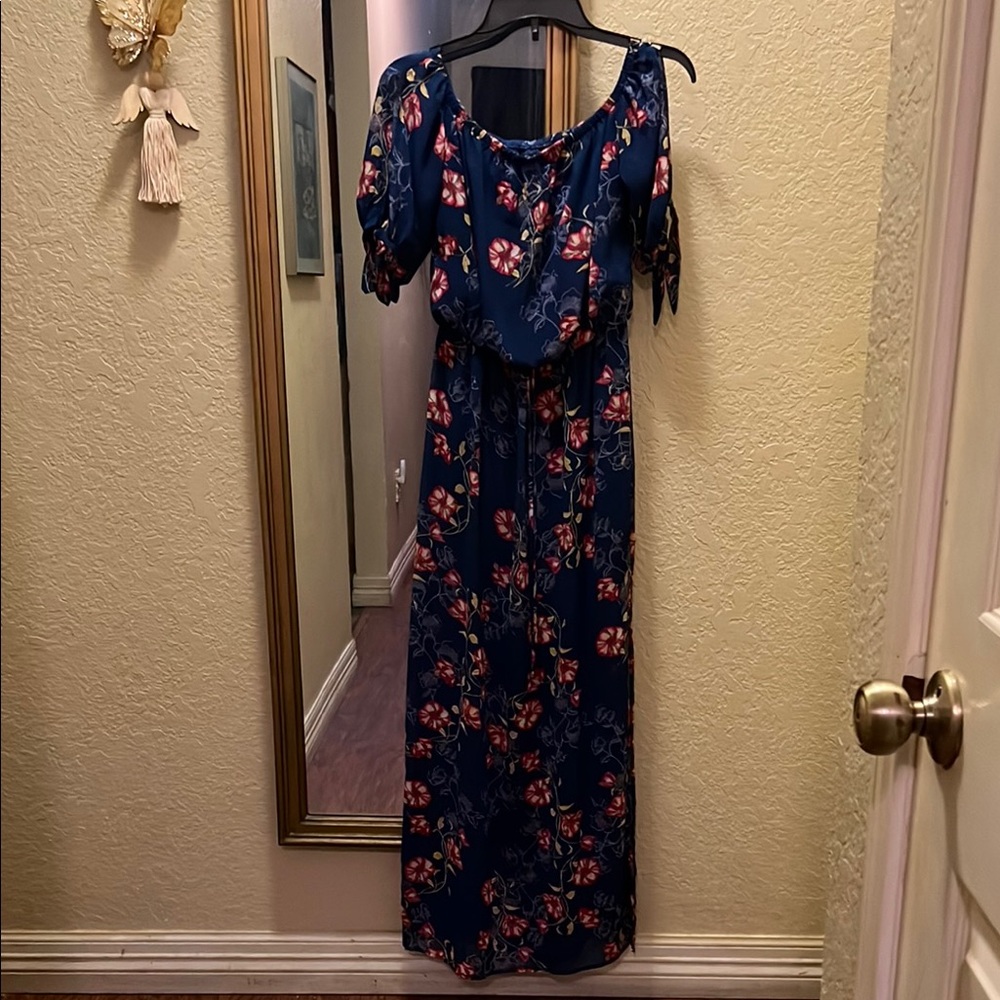City Studio Blue and Pink Ruffled Cut Out Maxi Dress